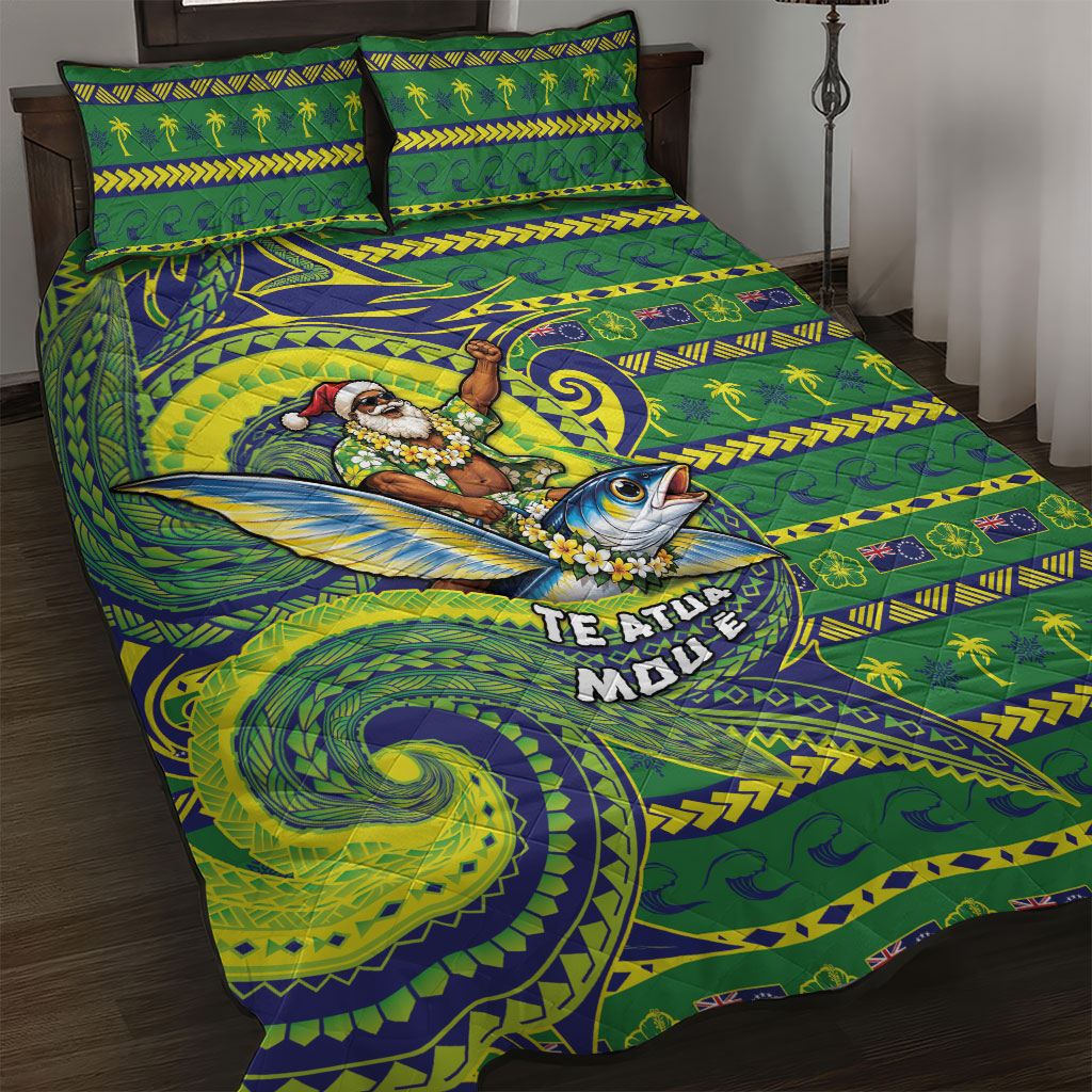 Cook Islands Christmas Quilt Bed Set Santa Riding Flying Fish DT05 Green - Polynesian Pride