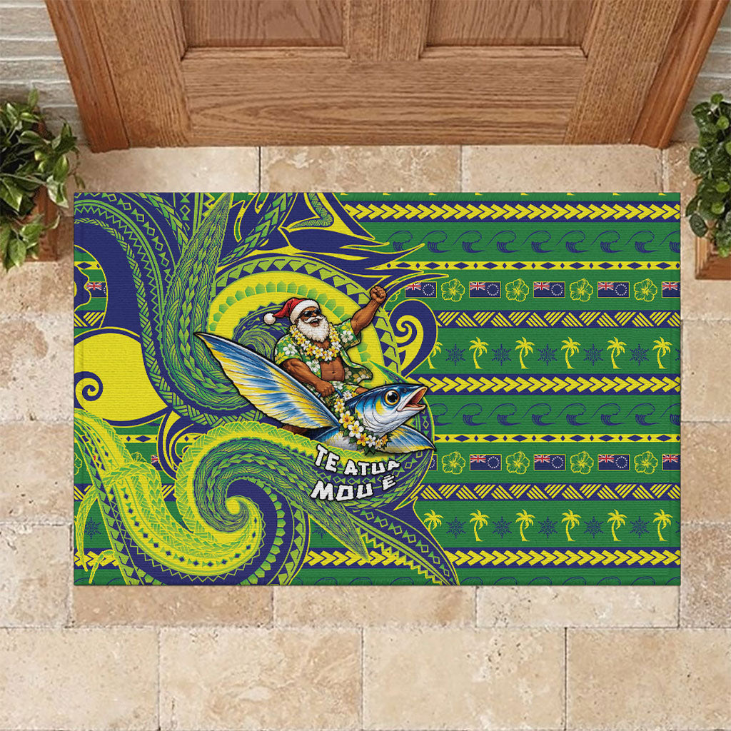 Cook Islands Christmas Rubber Doormat Santa Riding Flying Fish DT05 Green - Polynesian Pride