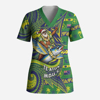 Cook Islands Christmas Scrub Top Santa Riding Flying Fish DT05 Adult Green - Polynesian Pride