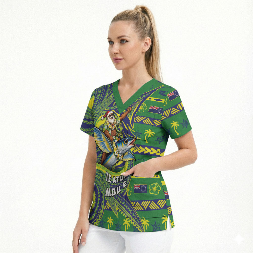 Cook Islands Christmas Scrub Top Santa Riding Flying Fish DT05 - Polynesian Pride