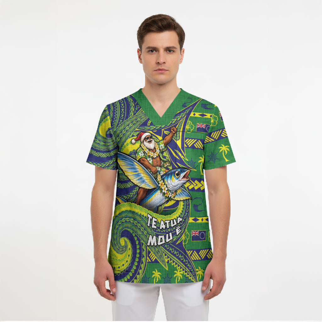 Cook Islands Christmas Scrub Top Santa Riding Flying Fish DT05 - Polynesian Pride