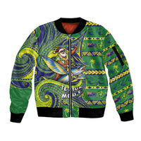 Cook Islands Christmas Sleeve Zip Bomber Jacket Santa Riding Flying Fish DT05 Unisex Green - Polynesian Pride