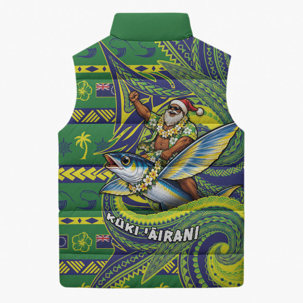 Cook Islands Christmas Sleeveless Puffer Jacket Santa Riding Flying Fish DT05 - Polynesian Pride