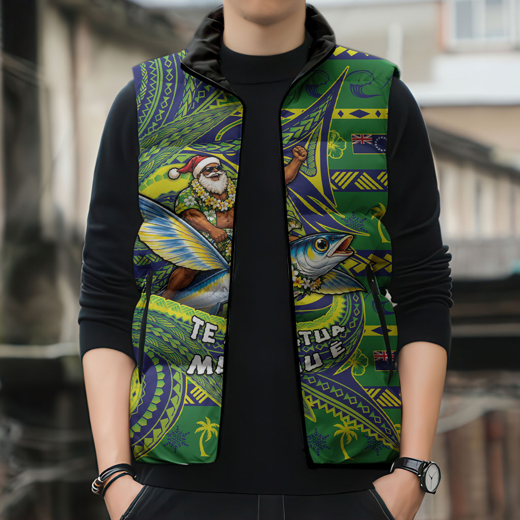 Cook Islands Christmas Sleeveless Puffer Jacket Santa Riding Flying Fish DT05 - Polynesian Pride