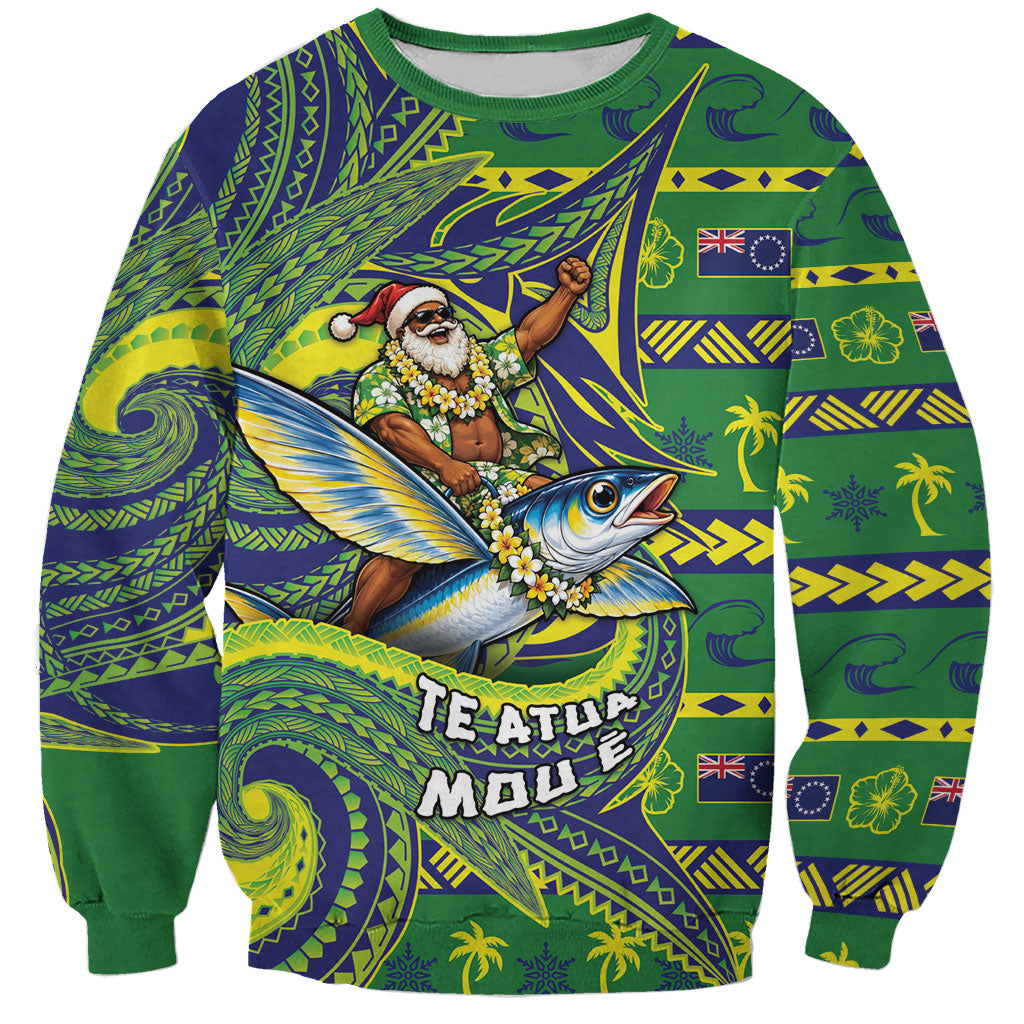 Cook Islands Christmas Sweatshirt Santa Riding Flying Fish DT05 Unisex Green - Polynesian Pride