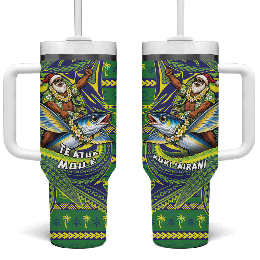 Cook Islands Christmas Tumbler With Handle Santa Riding Flying Fish DT05 One Size: 40 oz Green - Polynesian Pride