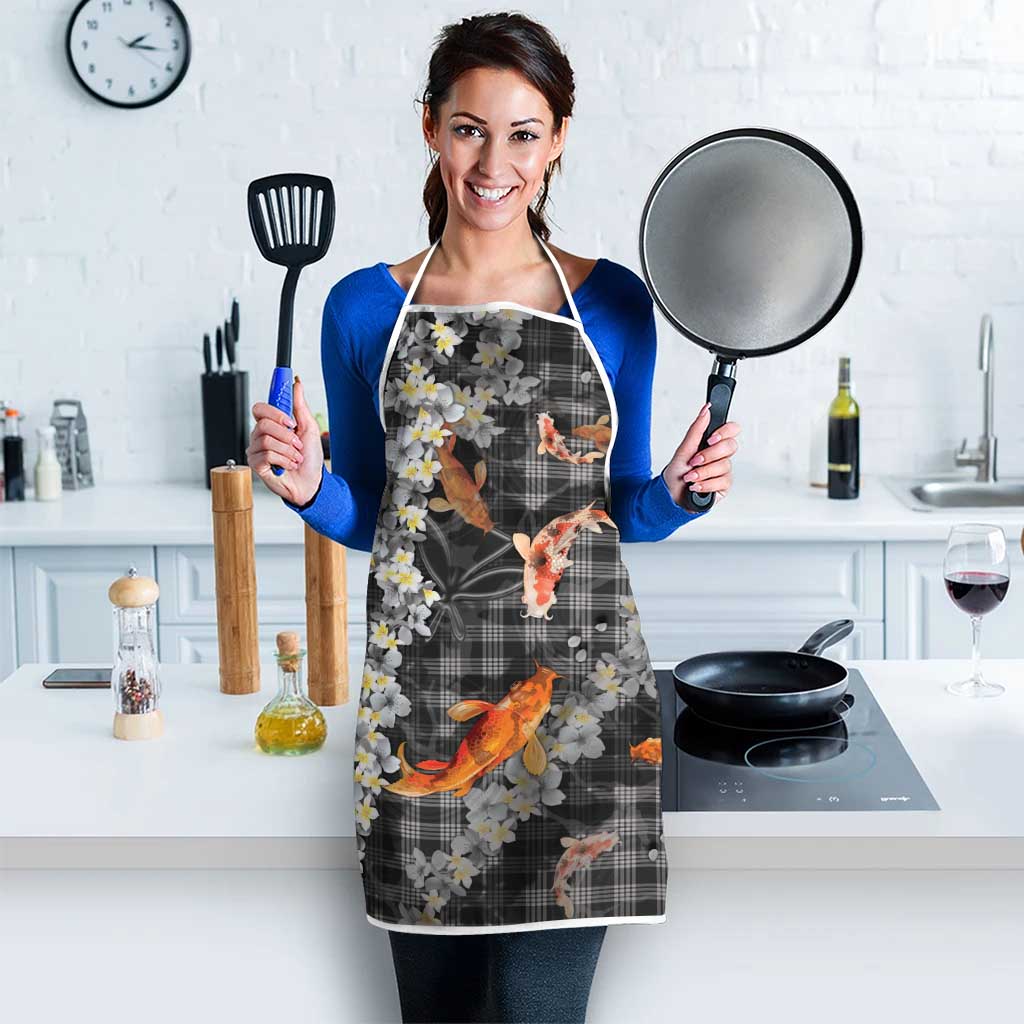 Black Palaka Hawaiian And Japanese Apron Sakura Lei With Koi Fish - Polynesian Pride