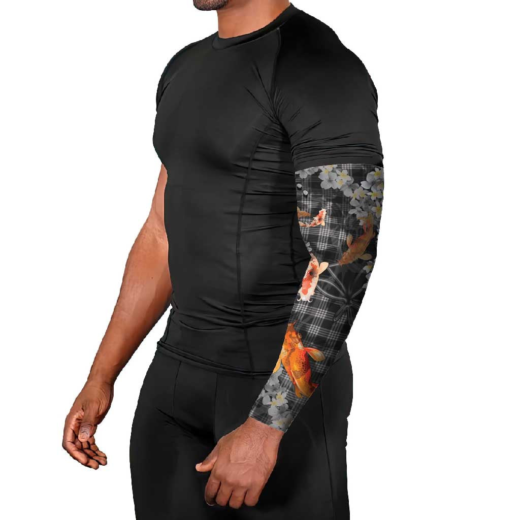 Black Palaka Hawaiian And Japanese Arm Sleeves Sakura Lei With Koi Fish - Polynesian Pride