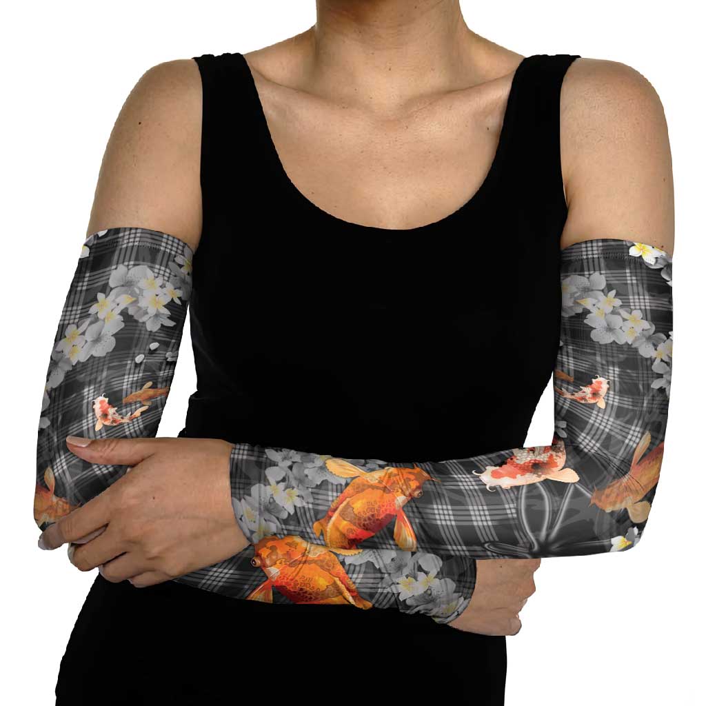 Black Palaka Hawaiian And Japanese Arm Sleeves Sakura Lei With Koi Fish - Polynesian Pride