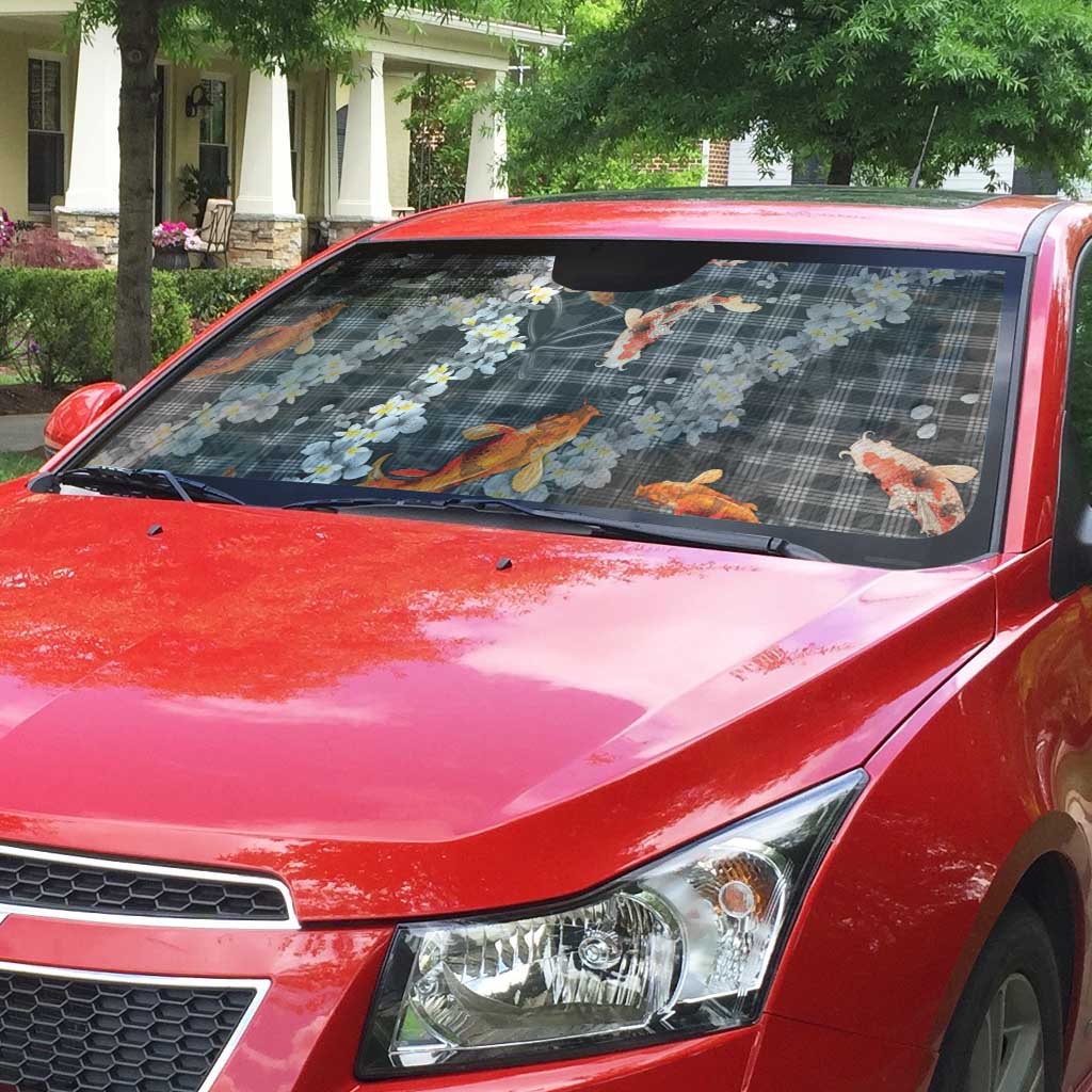 Black Palaka Hawaiian And Japanese Auto Sun Shade Sakura Lei With Koi Fish - Polynesian Pride