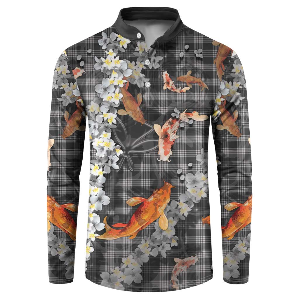 Black Palaka Hawaiian And Japanese Button Sweatshirt Sakura Lei With Koi Fish - Polynesian Pride