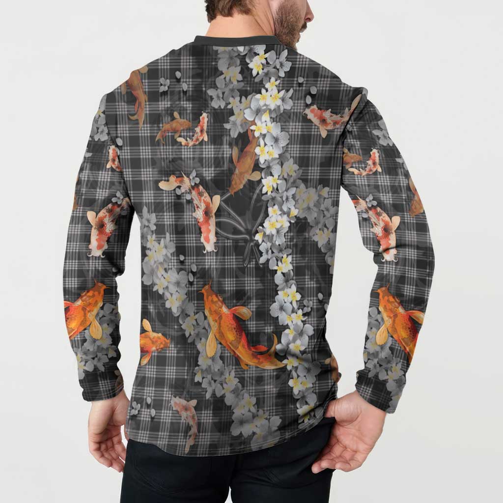 Black Palaka Hawaiian And Japanese Button Sweatshirt Sakura Lei With Koi Fish - Polynesian Pride