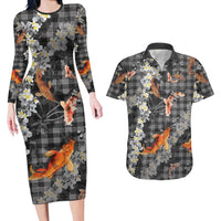 Black Palaka Hawaiian And Japanese Couples Matching Long Sleeve Bodycon Dress and Hawaiian Shirt Sakura Lei With Koi Fish DT05 Black - Polynesian Pride