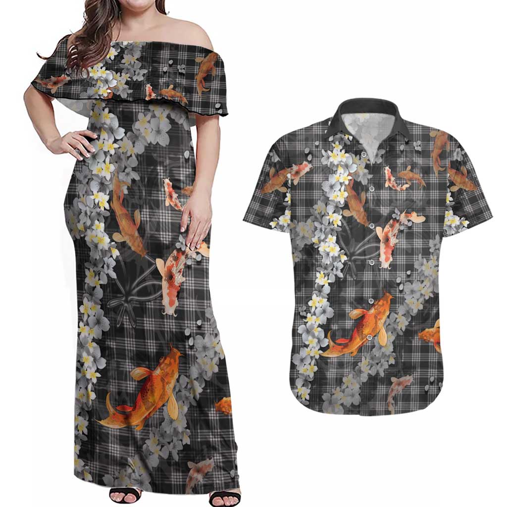 Black Palaka Hawaiian And Japanese Couples Matching Off Shoulder Maxi Dress and Hawaiian Shirt Sakura Lei With Koi Fish - Polynesian Pride