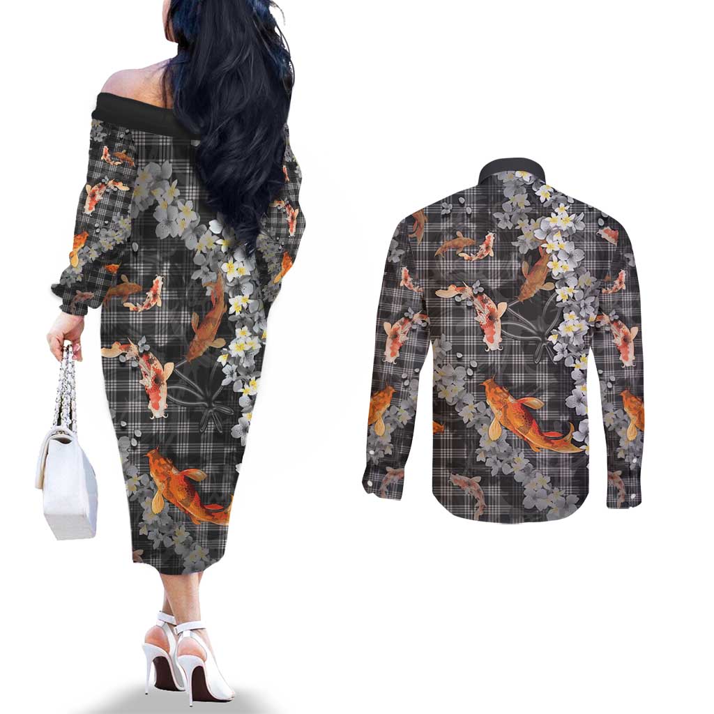 Black Palaka Hawaiian And Japanese Couples Matching Off The Shoulder Long Sleeve Dress and Long Sleeve Button Shirt Sakura Lei With Koi Fish DT05 - Polynesian Pride
