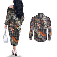 Black Palaka Hawaiian And Japanese Couples Matching Off The Shoulder Long Sleeve Dress and Long Sleeve Button Shirt Sakura Lei With Koi Fish DT05 - Polynesian Pride