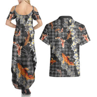 Black Palaka Hawaiian And Japanese Couples Matching Summer Maxi Dress and Hawaiian Shirt Sakura Lei With Koi Fish - Polynesian Pride