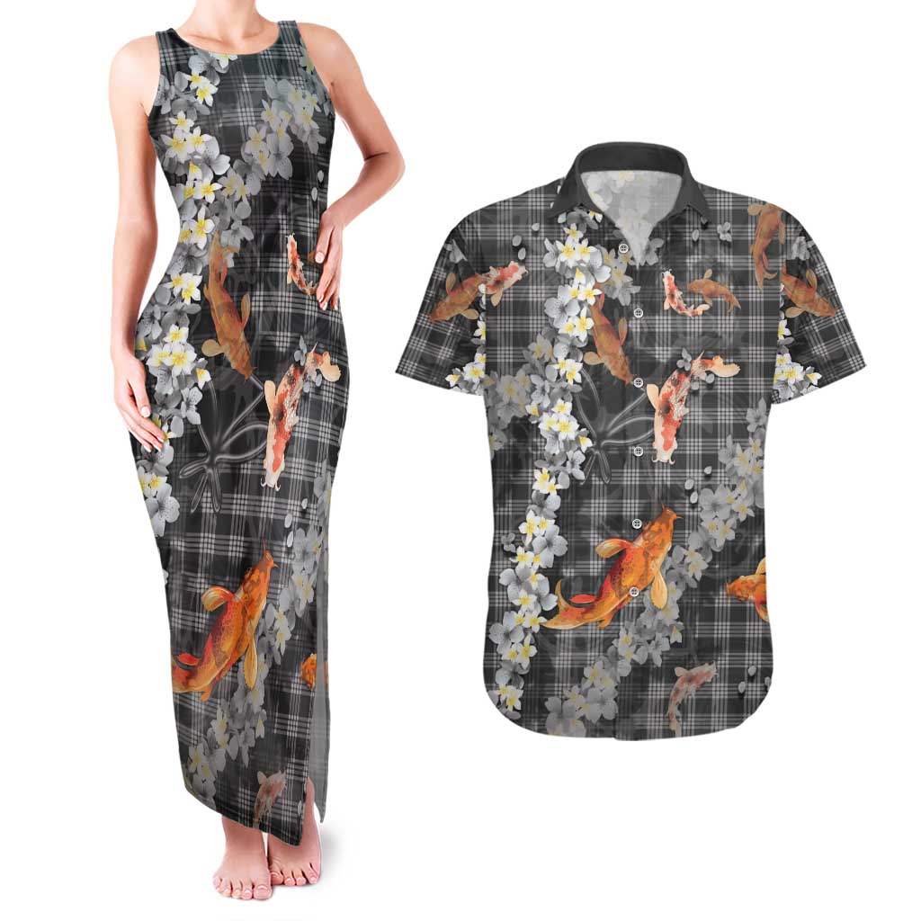 Black Palaka Hawaiian And Japanese Couples Matching Tank Maxi Dress and Hawaiian Shirt Sakura Lei With Koi Fish DT05 Black - Polynesian Pride
