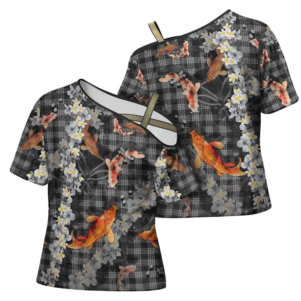 Black Palaka Hawaiian And Japanese Cross Shoulder Shirt Sakura Lei With Koi Fish - Polynesian Pride