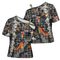 Black Palaka Hawaiian And Japanese Cross Shoulder Shirt Sakura Lei With Koi Fish - Polynesian Pride