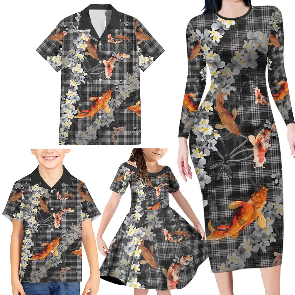 Black Palaka Hawaiian And Japanese Family Matching Long Sleeve Bodycon Dress and Hawaiian Shirt Sakura Lei With Koi Fish DT05 - Polynesian Pride