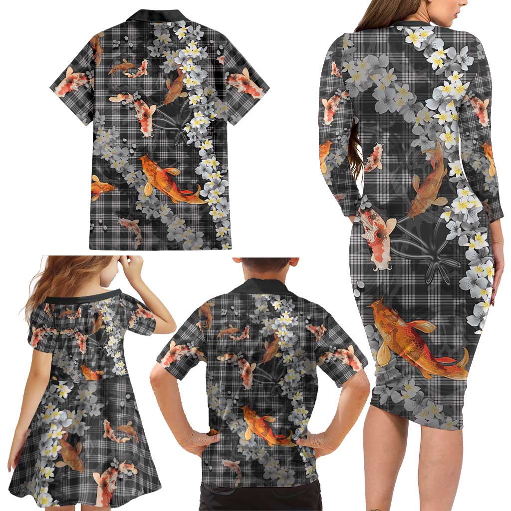 Black Palaka Hawaiian And Japanese Family Matching Long Sleeve Bodycon Dress and Hawaiian Shirt Sakura Lei With Koi Fish DT05 - Polynesian Pride