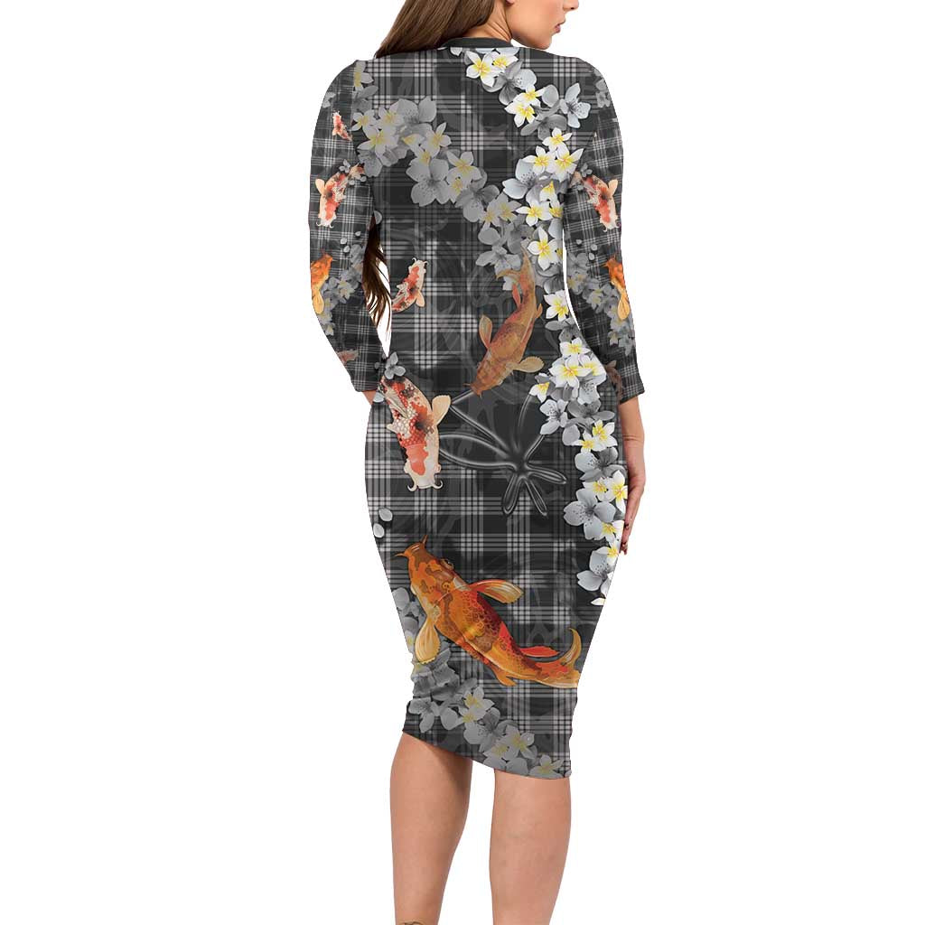 Black Palaka Hawaiian And Japanese Family Matching Long Sleeve Bodycon Dress and Hawaiian Shirt Sakura Lei With Koi Fish DT05 - Polynesian Pride