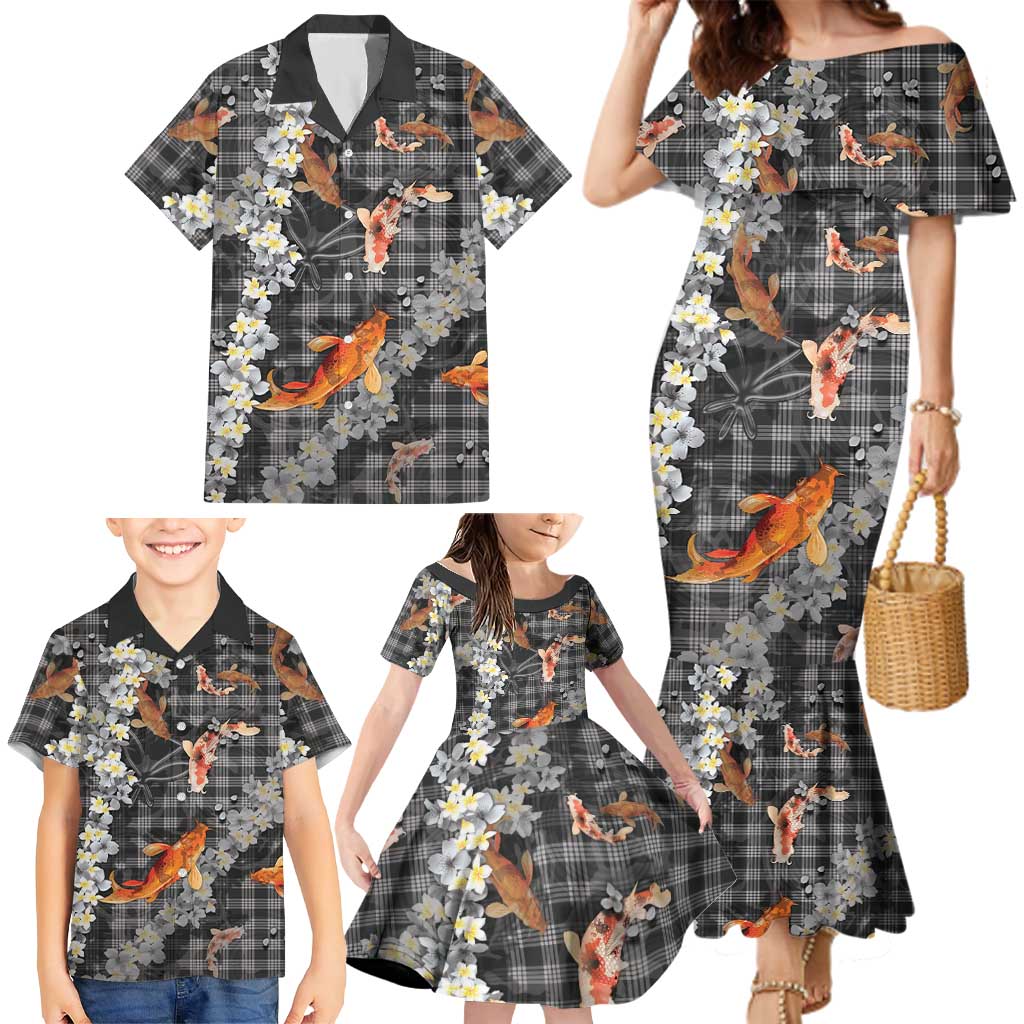 Black Palaka Hawaiian And Japanese Family Matching Mermaid Dress and Hawaiian Shirt Sakura Lei With Koi Fish - Polynesian Pride