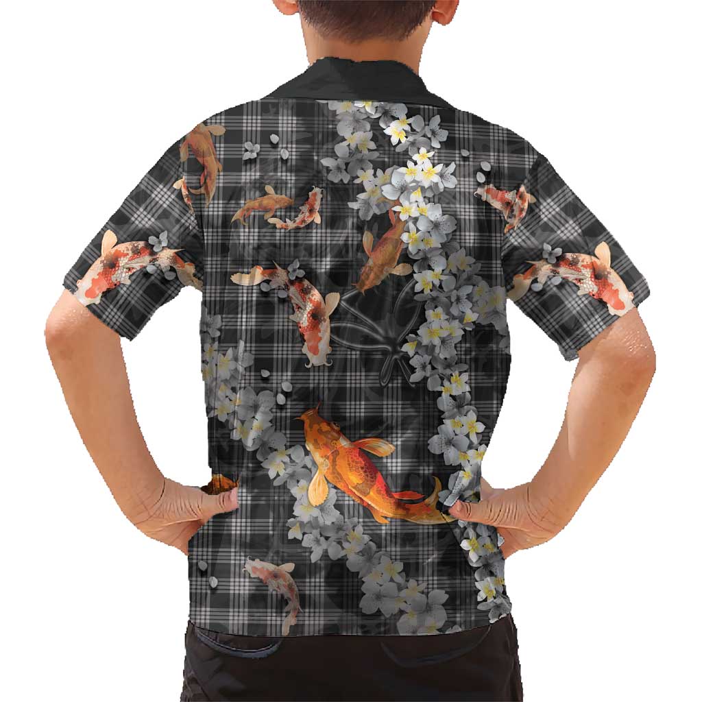 Black Palaka Hawaiian And Japanese Family Matching Off The Shoulder Long Sleeve Dress and Hawaiian Shirt Sakura Lei With Koi Fish DT05 - Polynesian Pride