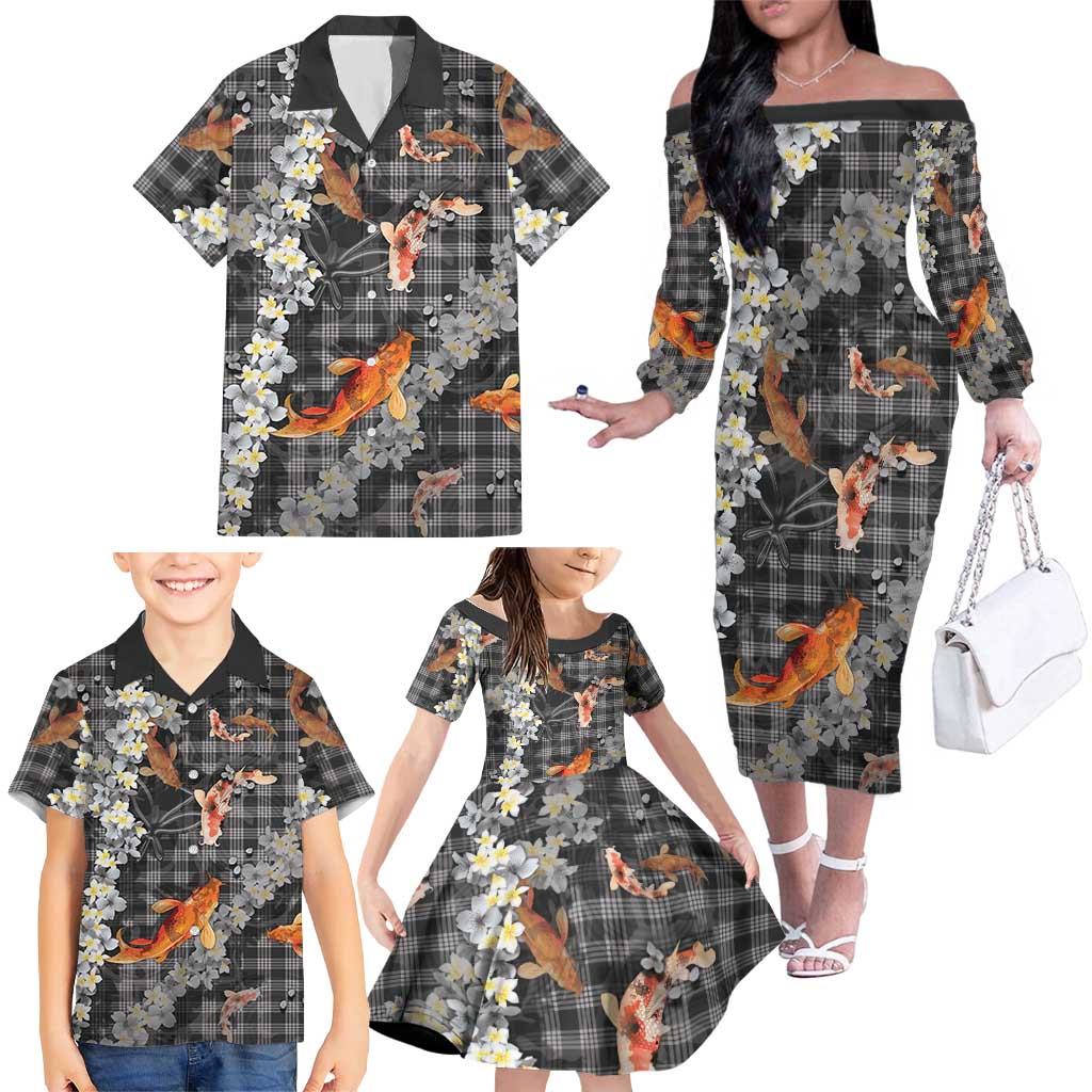 Black Palaka Hawaiian And Japanese Family Matching Off The Shoulder Long Sleeve Dress and Hawaiian Shirt Sakura Lei With Koi Fish DT05 - Polynesian Pride