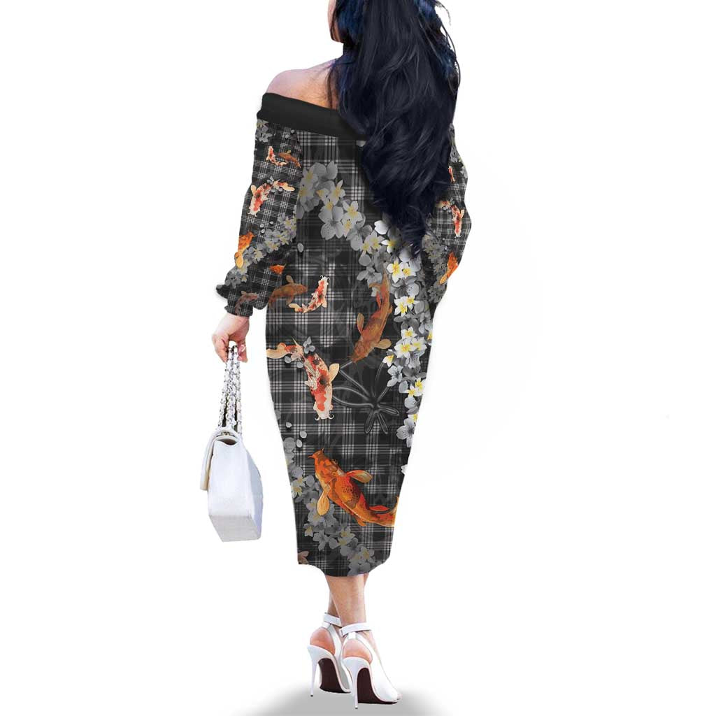Black Palaka Hawaiian And Japanese Family Matching Off The Shoulder Long Sleeve Dress and Hawaiian Shirt Sakura Lei With Koi Fish DT05 - Polynesian Pride