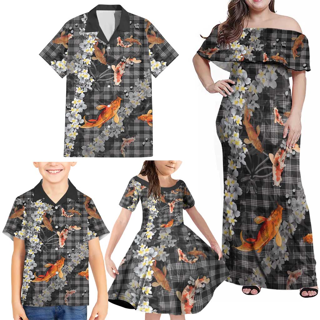 Black Palaka Hawaiian And Japanese Family Matching Off Shoulder Maxi Dress and Hawaiian Shirt Sakura Lei With Koi Fish - Polynesian Pride