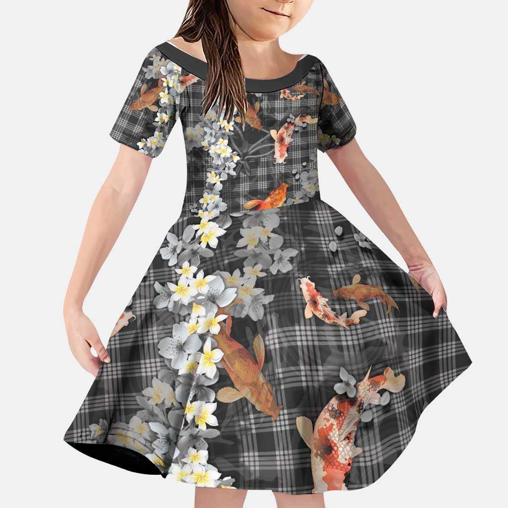 Black Palaka Hawaiian And Japanese Family Matching Off Shoulder Short Dress and Hawaiian Shirt Sakura Lei With Koi Fish DT05 Daughter's Dress Black - Polynesian Pride