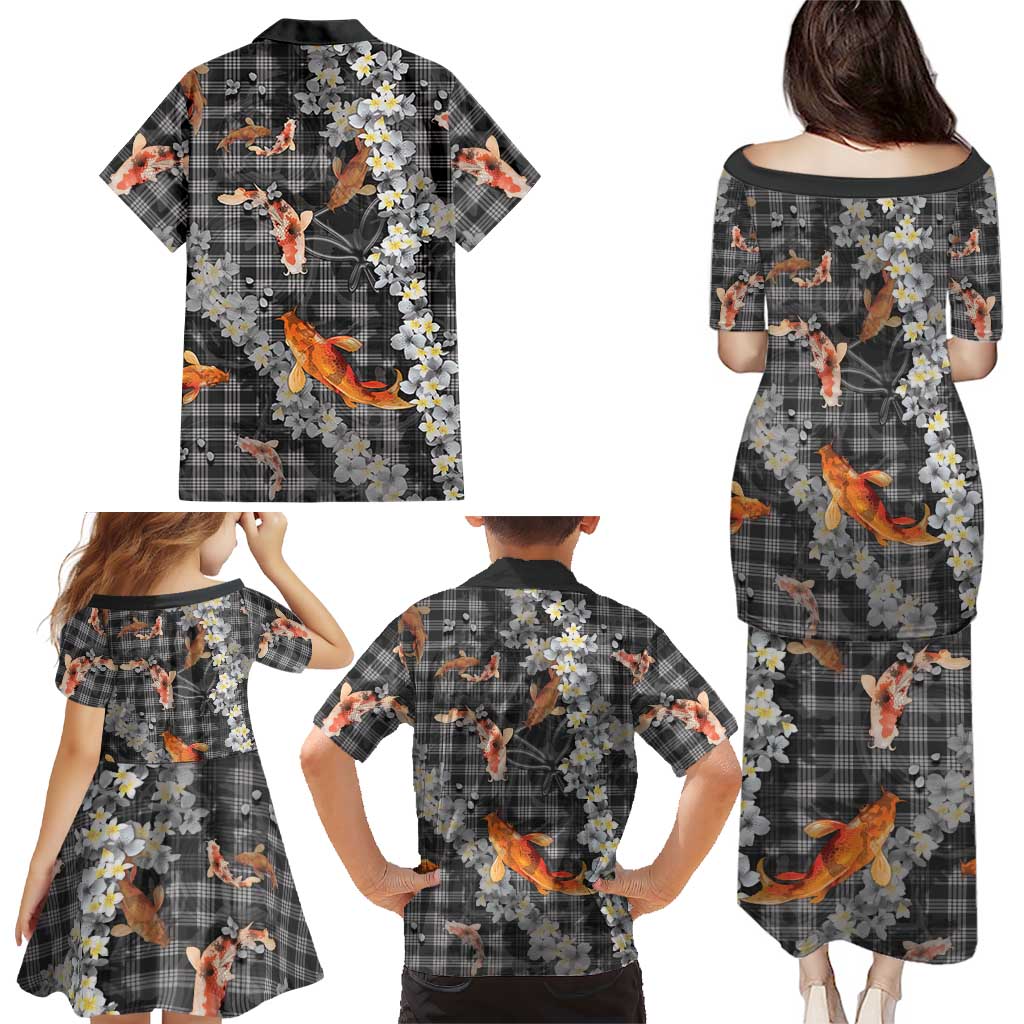 Black Palaka Hawaiian And Japanese Family Matching Puletasi and Hawaiian Shirt Sakura Lei With Koi Fish DT05 - Polynesian Pride