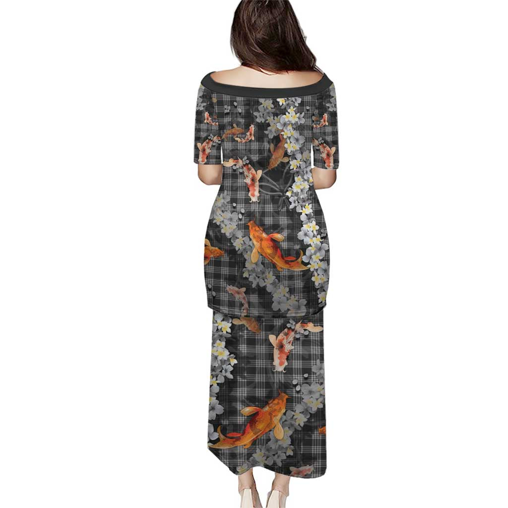 Black Palaka Hawaiian And Japanese Family Matching Puletasi and Hawaiian Shirt Sakura Lei With Koi Fish DT05 - Polynesian Pride
