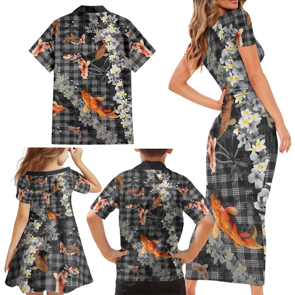 Black Palaka Hawaiian And Japanese Family Matching Short Sleeve Bodycon Dress and Hawaiian Shirt Sakura Lei With Koi Fish DT05 - Polynesian Pride