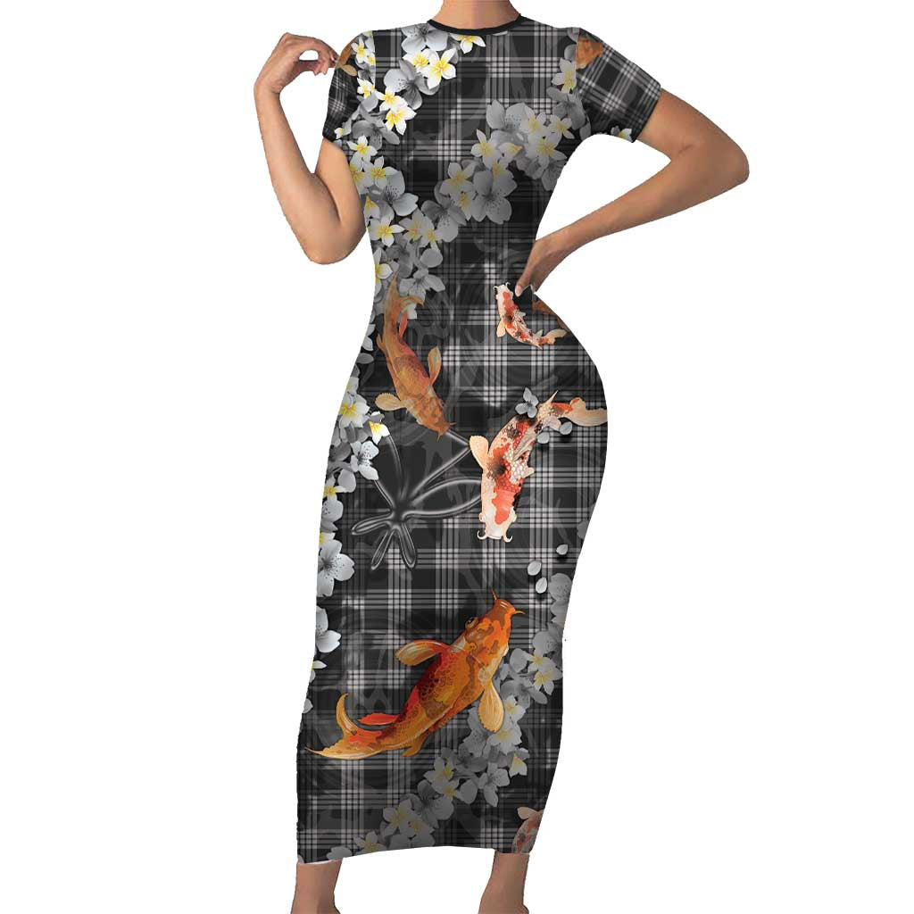 Black Palaka Hawaiian And Japanese Family Matching Short Sleeve Bodycon Dress and Hawaiian Shirt Sakura Lei With Koi Fish DT05 Mom's Dress Black - Polynesian Pride