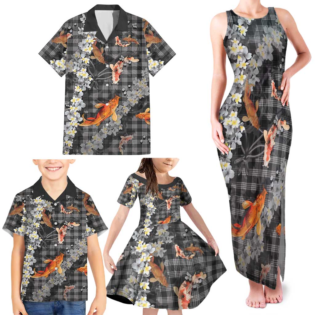 Black Palaka Hawaiian And Japanese Family Matching Tank Maxi Dress and Hawaiian Shirt Sakura Lei With Koi Fish - Polynesian Pride