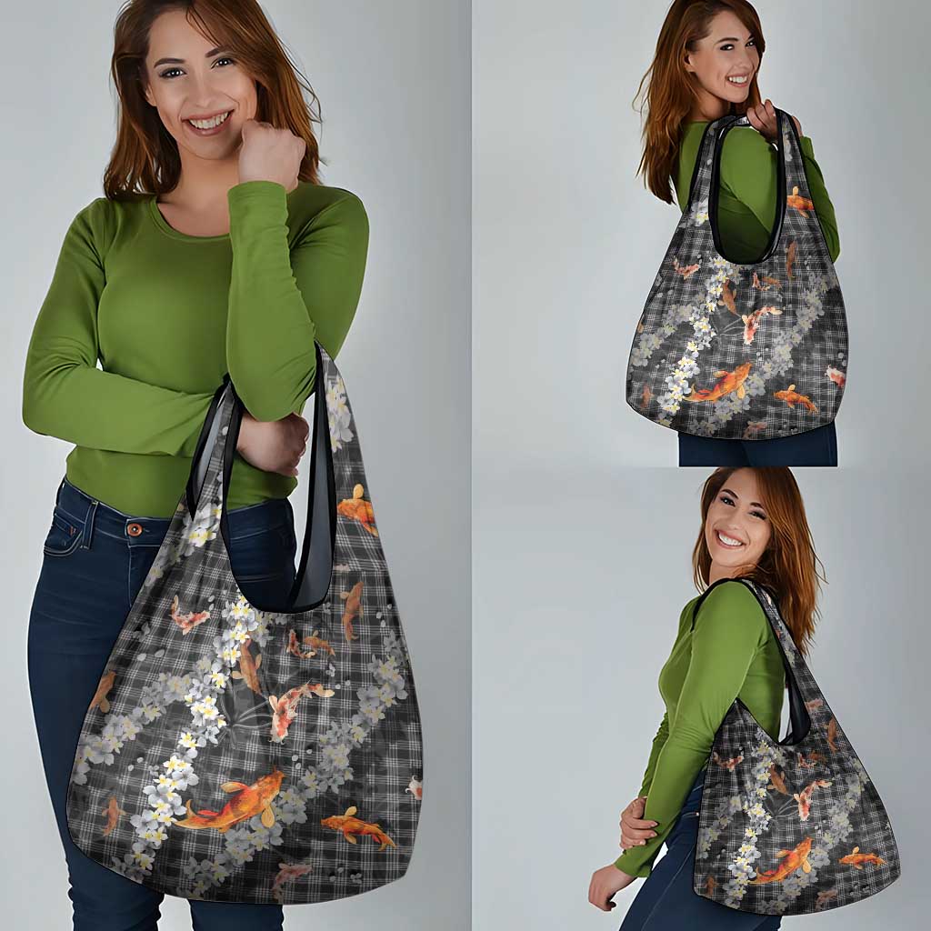 Black Palaka Hawaiian And Japanese Grocery Bag Sakura Lei With Koi Fish - Polynesian Pride