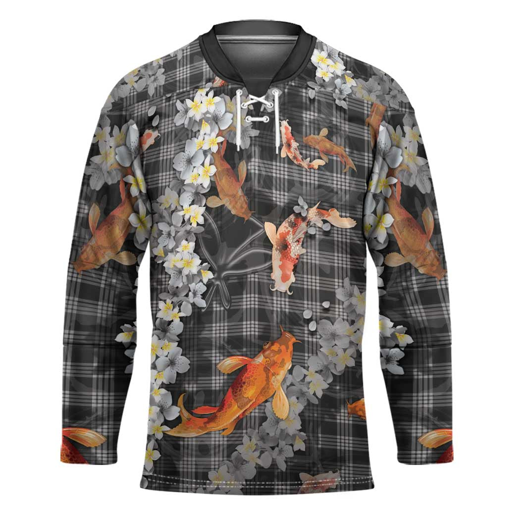 Black Palaka Hawaiian And Japanese Hockey Jersey Sakura Lei With Koi Fish - Polynesian Pride