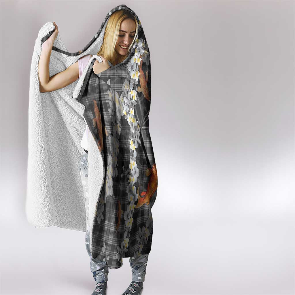 Black Palaka Hawaiian And Japanese Hooded Blanket Sakura Lei With Koi Fish - Polynesian Pride