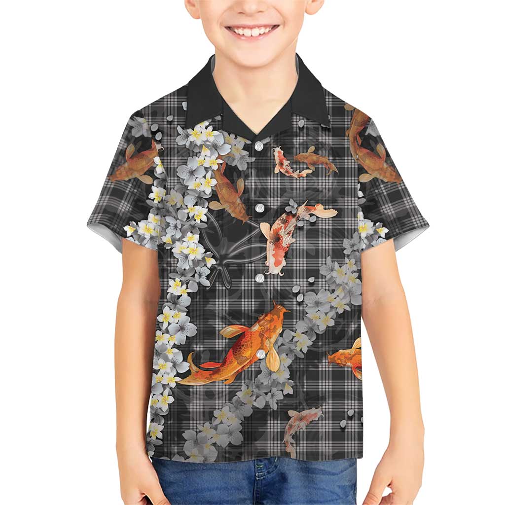 Black Palaka Hawaiian And Japanese Kid Hawaiian Shirt Sakura Lei With Koi Fish - Polynesian Pride