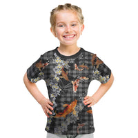 Black Palaka Hawaiian And Japanese Kid T Shirt Sakura Lei With Koi Fish - Polynesian Pride