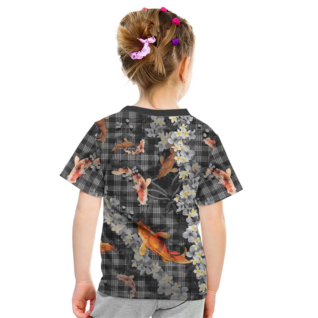 Black Palaka Hawaiian And Japanese Kid T Shirt Sakura Lei With Koi Fish - Polynesian Pride