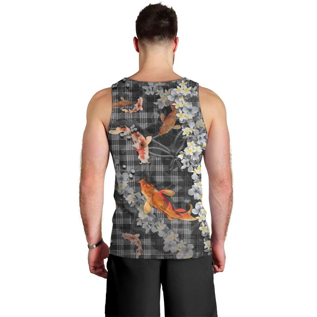 Black Palaka Hawaiian And Japanese Men Tank Top Sakura Lei With Koi Fish - Polynesian Pride