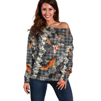Black Palaka Hawaiian And Japanese Off Shoulder Sweater Sakura Lei With Koi Fish - Polynesian Pride
