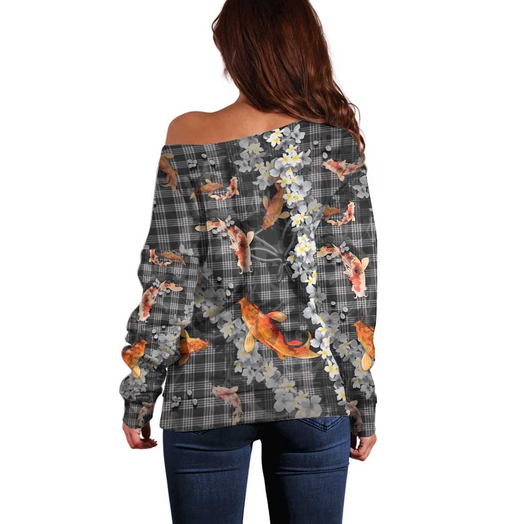 Black Palaka Hawaiian And Japanese Off Shoulder Sweater Sakura Lei With Koi Fish - Polynesian Pride