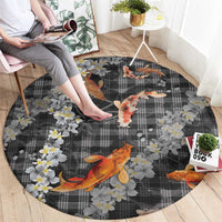 Black Palaka Hawaiian And Japanese Round Carpet Sakura Lei With Koi Fish - Polynesian Pride