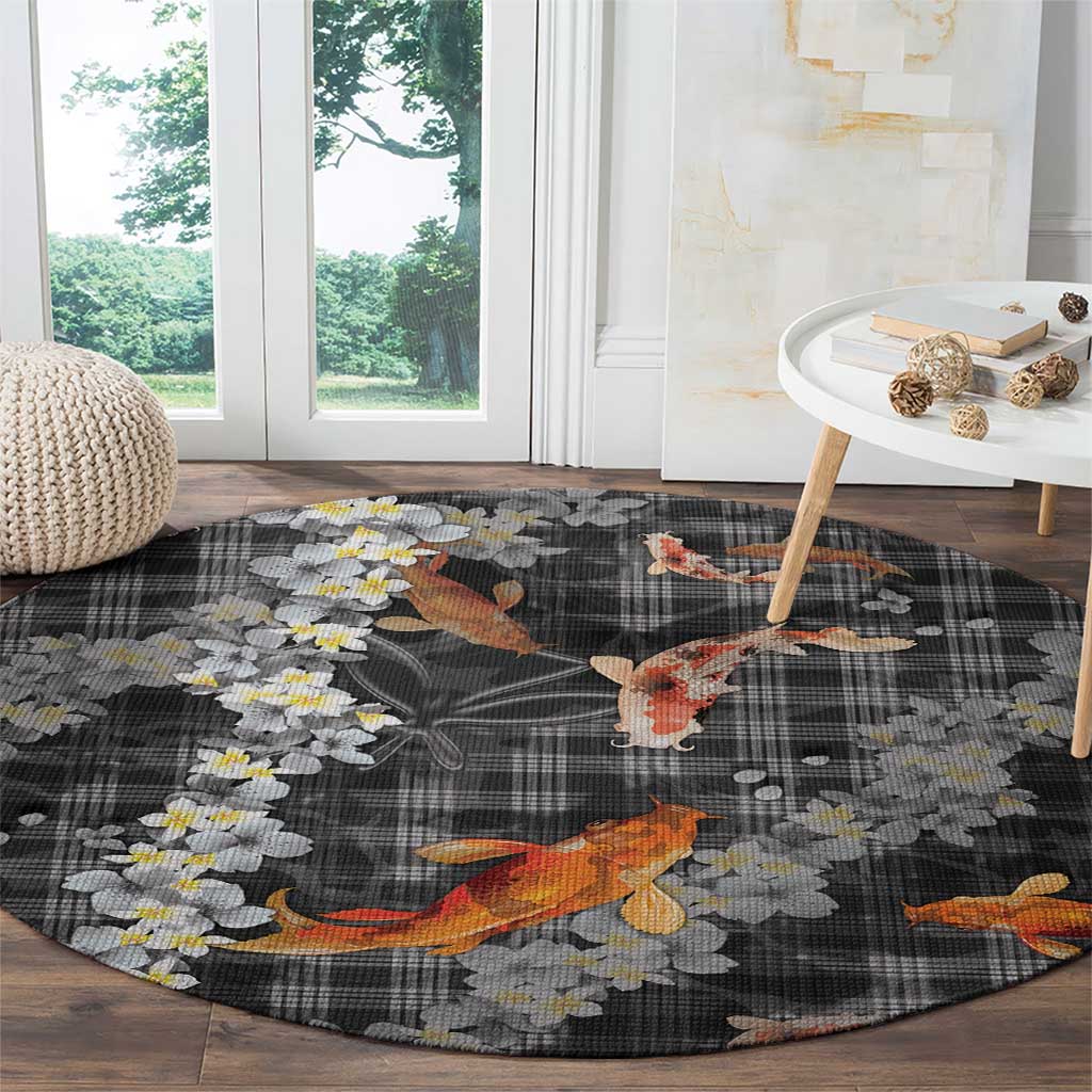 Black Palaka Hawaiian And Japanese Round Carpet Sakura Lei With Koi Fish - Polynesian Pride