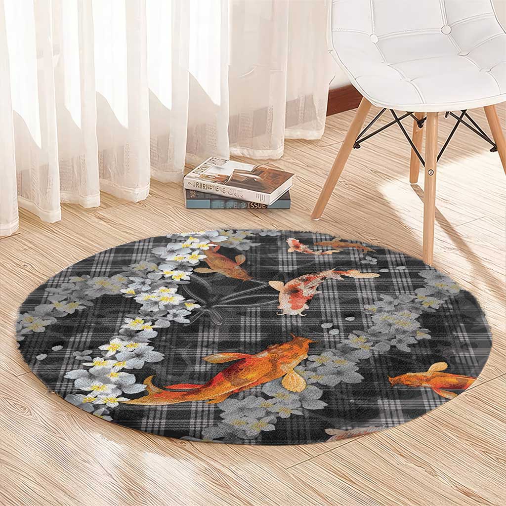 Black Palaka Hawaiian And Japanese Round Carpet Sakura Lei With Koi Fish - Polynesian Pride